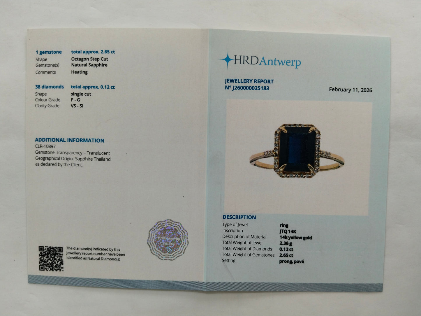 2.77 Ct Octagon Step Cut Natural Sapphire 14K Gold Ring