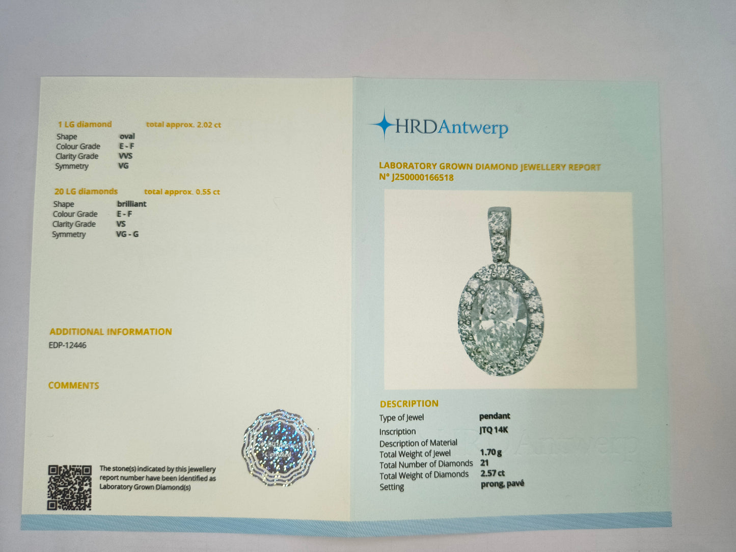 2.57 Carats Lab Grown Diamond 14K Gold Pendant