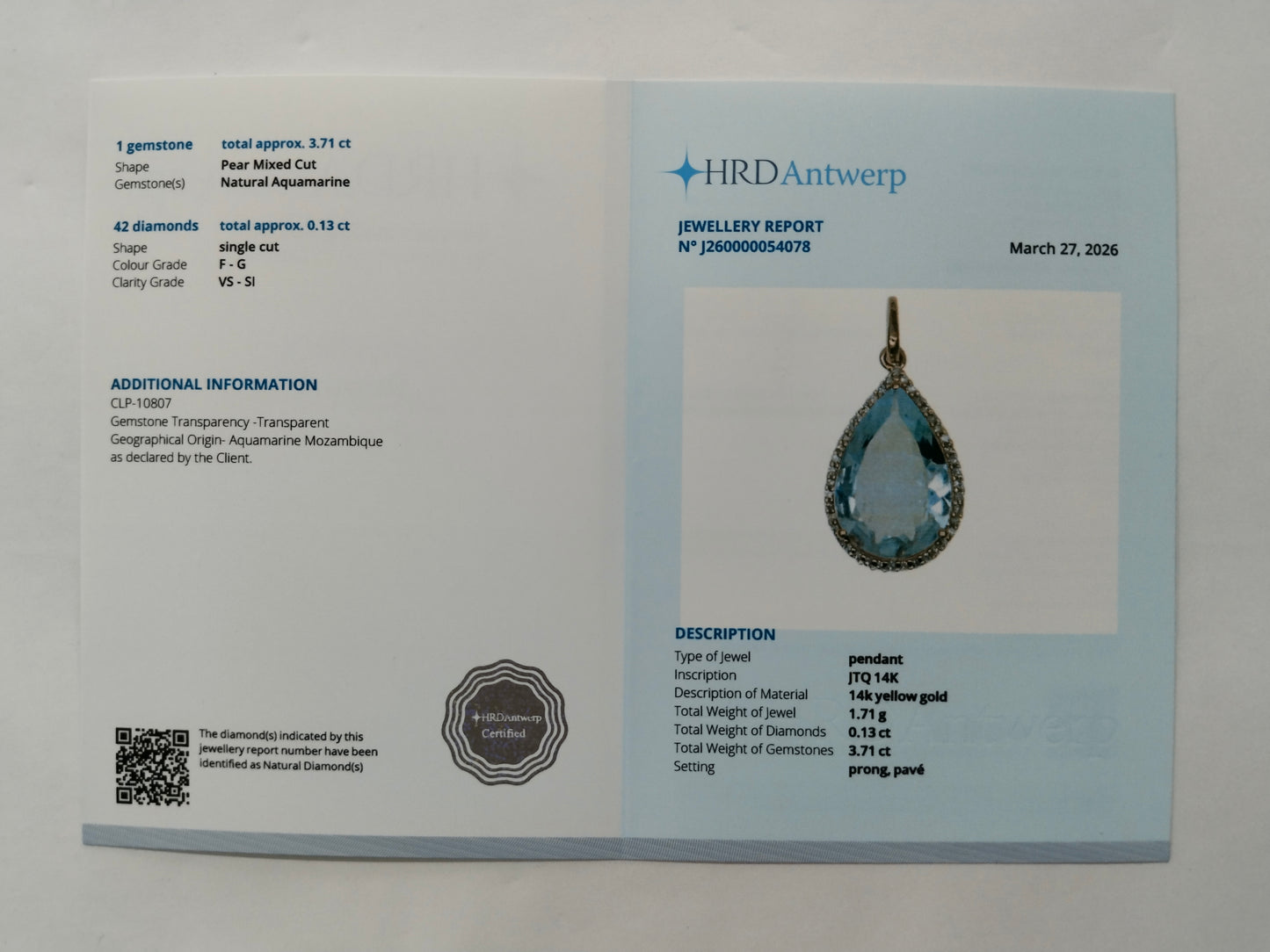 3.84 Ct Pear Mixed Cut Natural Aquamarine 14K Gold Pendant