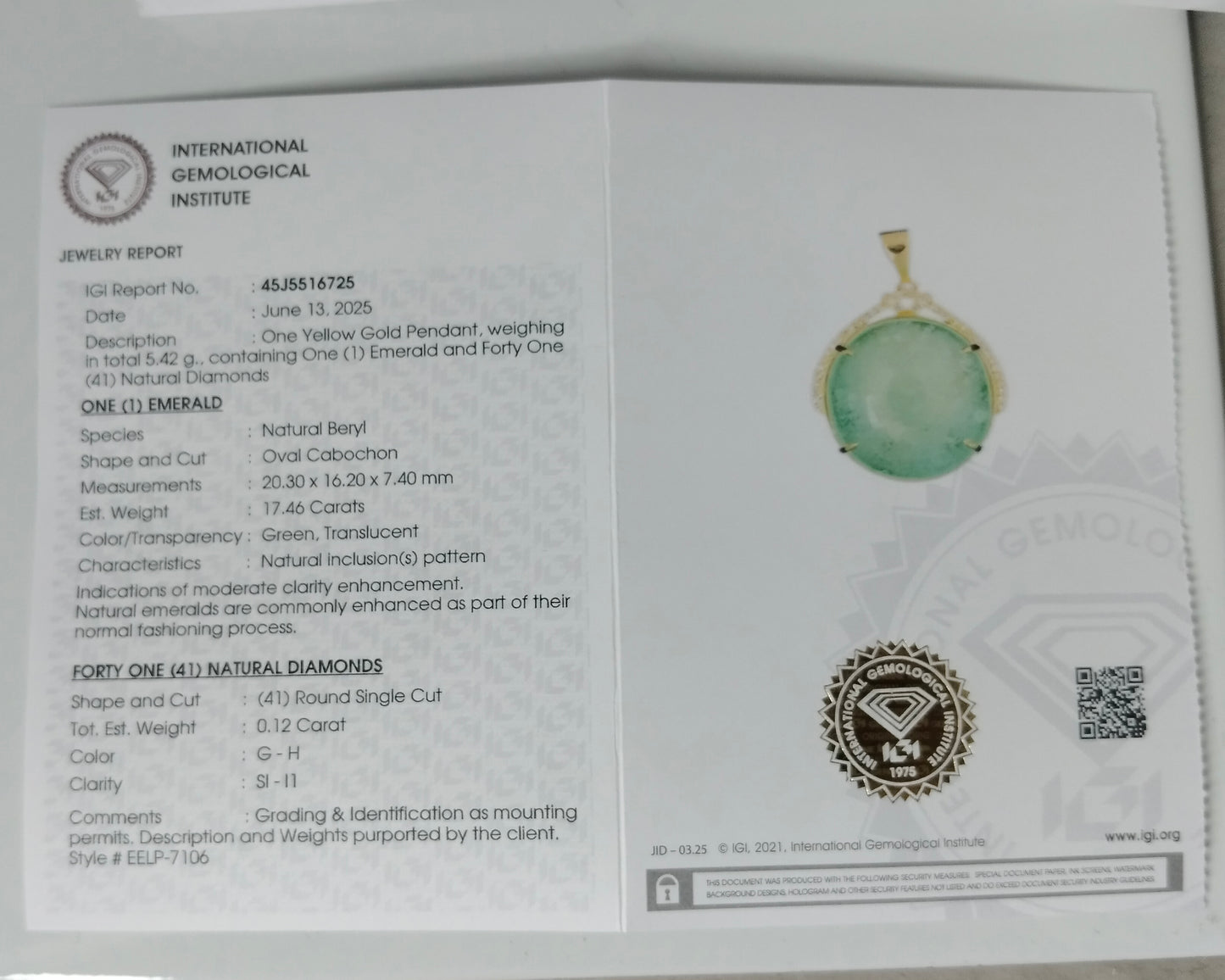 17.58 Ct Oval Cabochon Natural Beryl Emerald 14K Gold Pendant