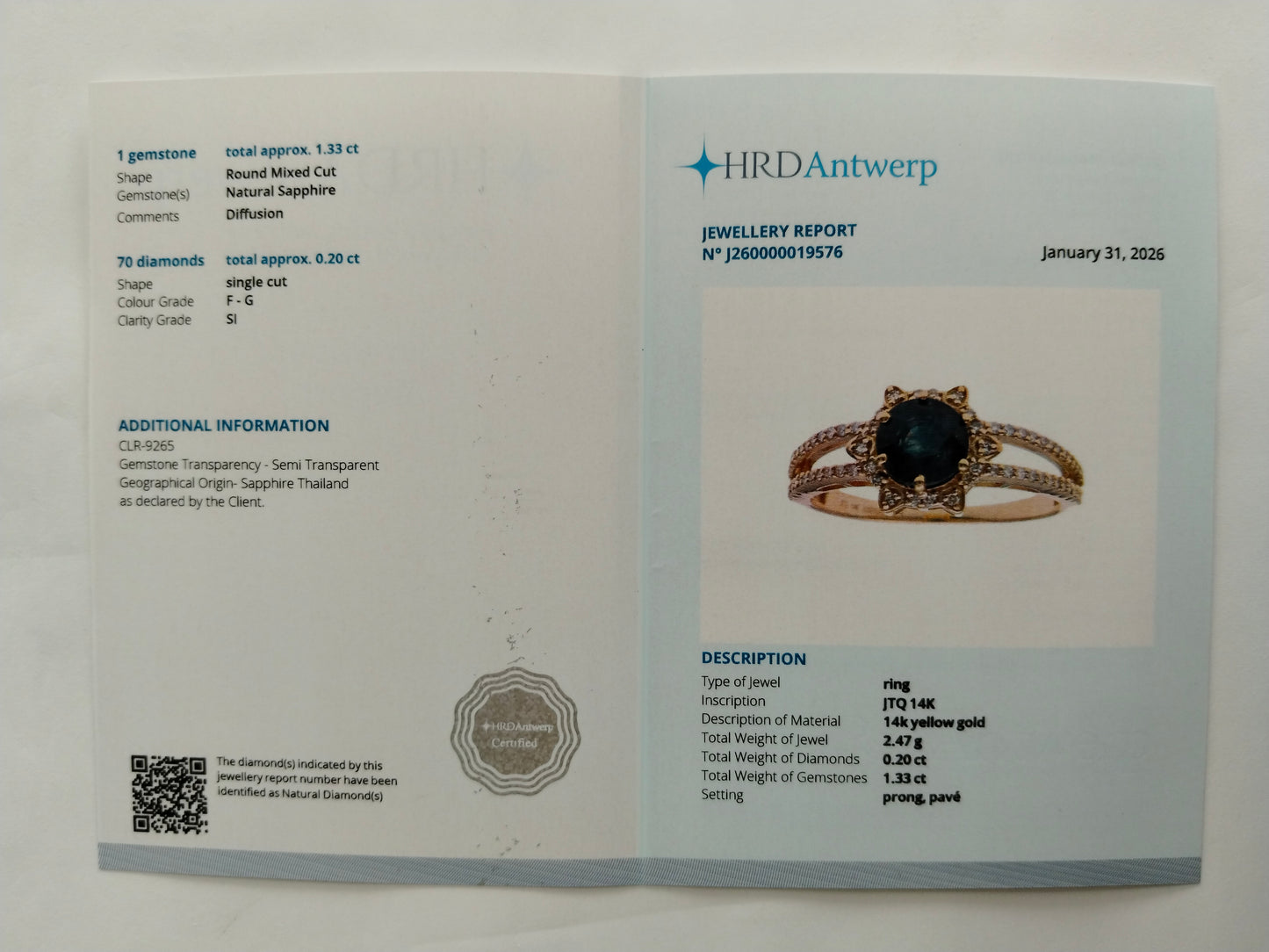 1.53 Ct Round Mixed Cut Natural Sapphire 14K Gold Ring