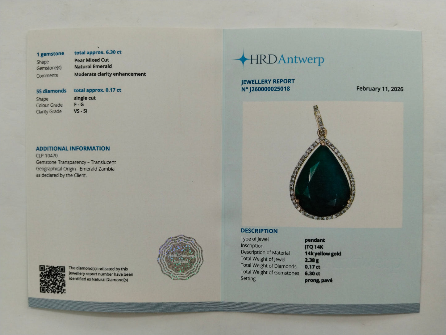 6.47 Ct Pear Mixed Cut Natural Emerald 14K Gold Pendant
