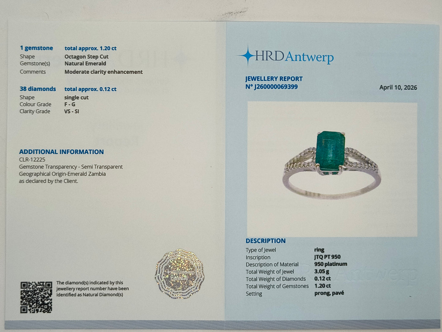 1.32 Ct Octagon Step Cut Natural Emerald 950 Platinum Ring