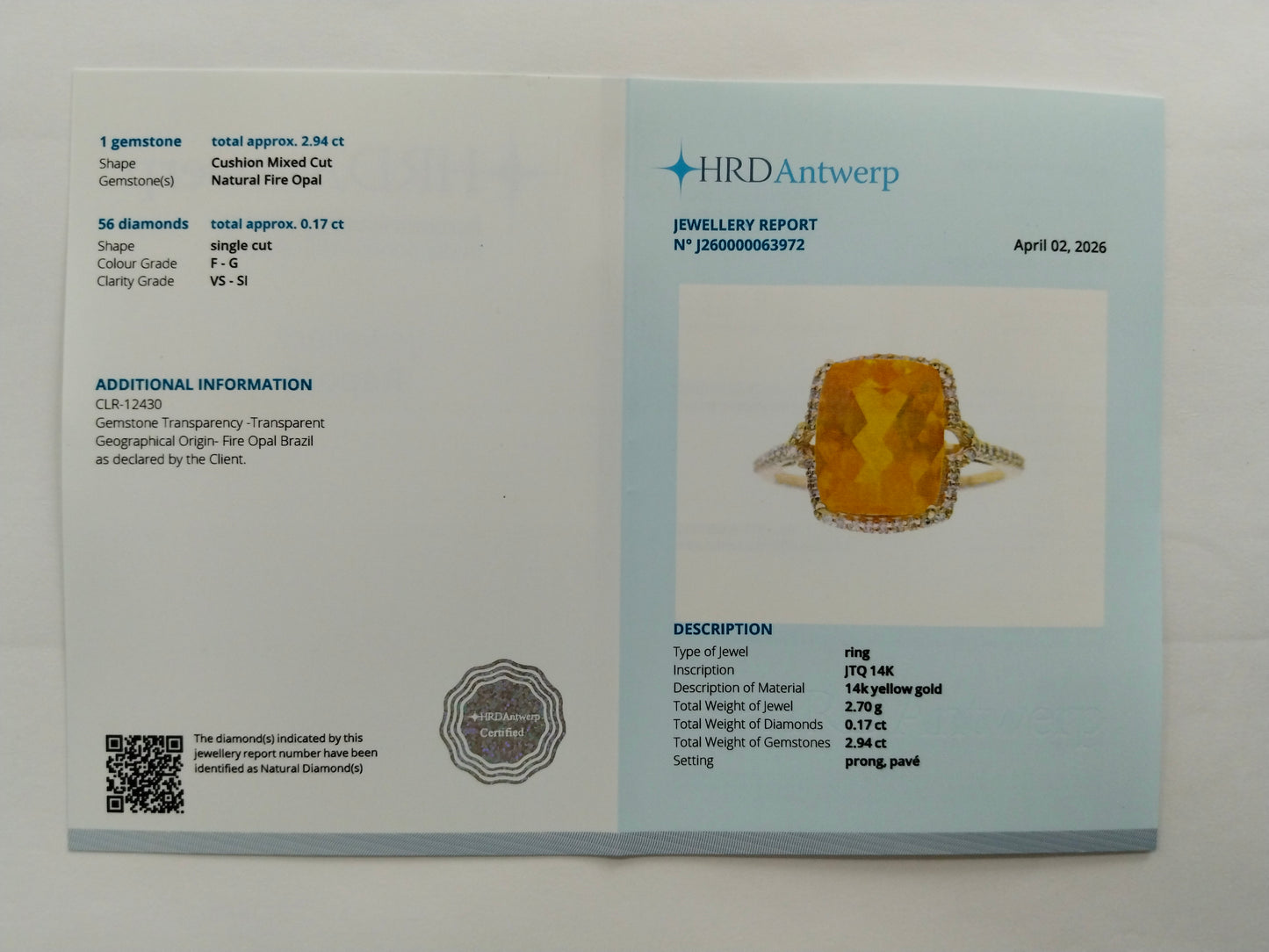 3.11 Ct Cushion Mixed Cut Natural Fire Opal 14K Gold Ring