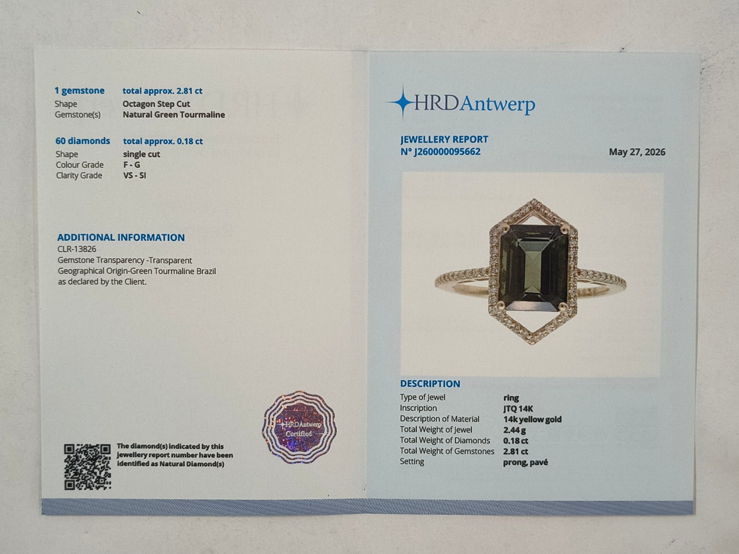 2.99 Ct Octagon Step Cut Natural Green Tourmaline 14K Gold Ring