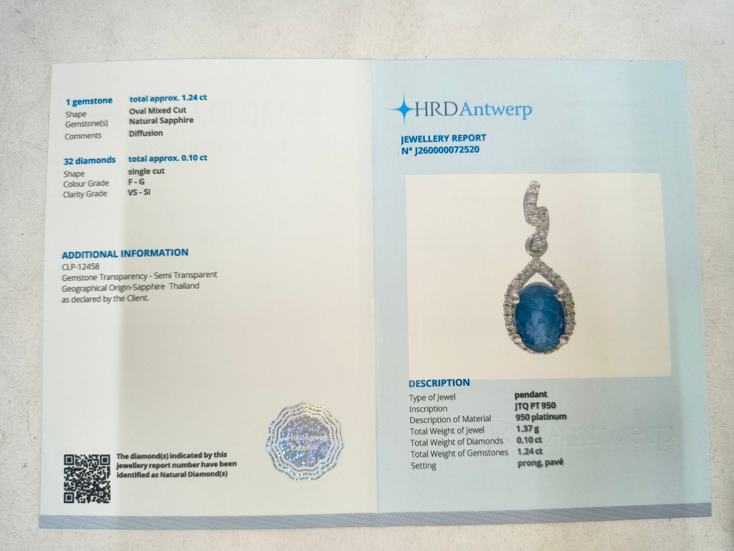 1.34 Ct Oval Mixed Cut Natural Sapphire 950 Platinum Pendant