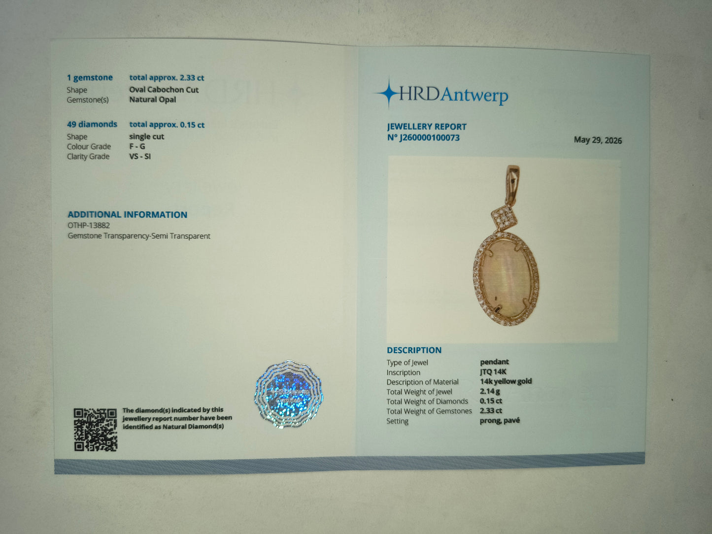 2.48 Ct Oval Cabochon Cut Natural Opal 14K Gold Pendant