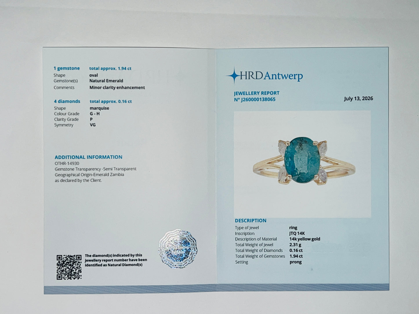 2.10 Ct Oval Natural Emerald 14K Gold Ring