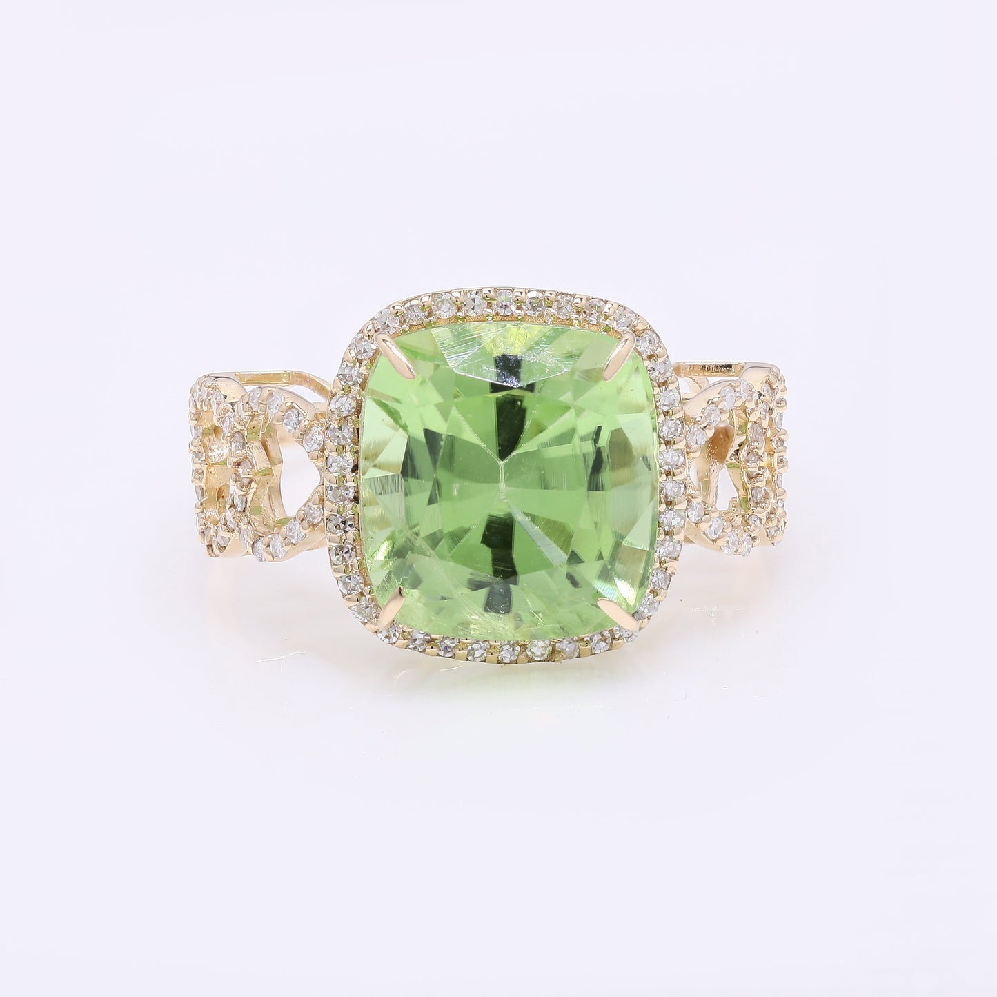 7.27 Ct Cushion Mixed Cut Natural Peridot 14K Gold Ring