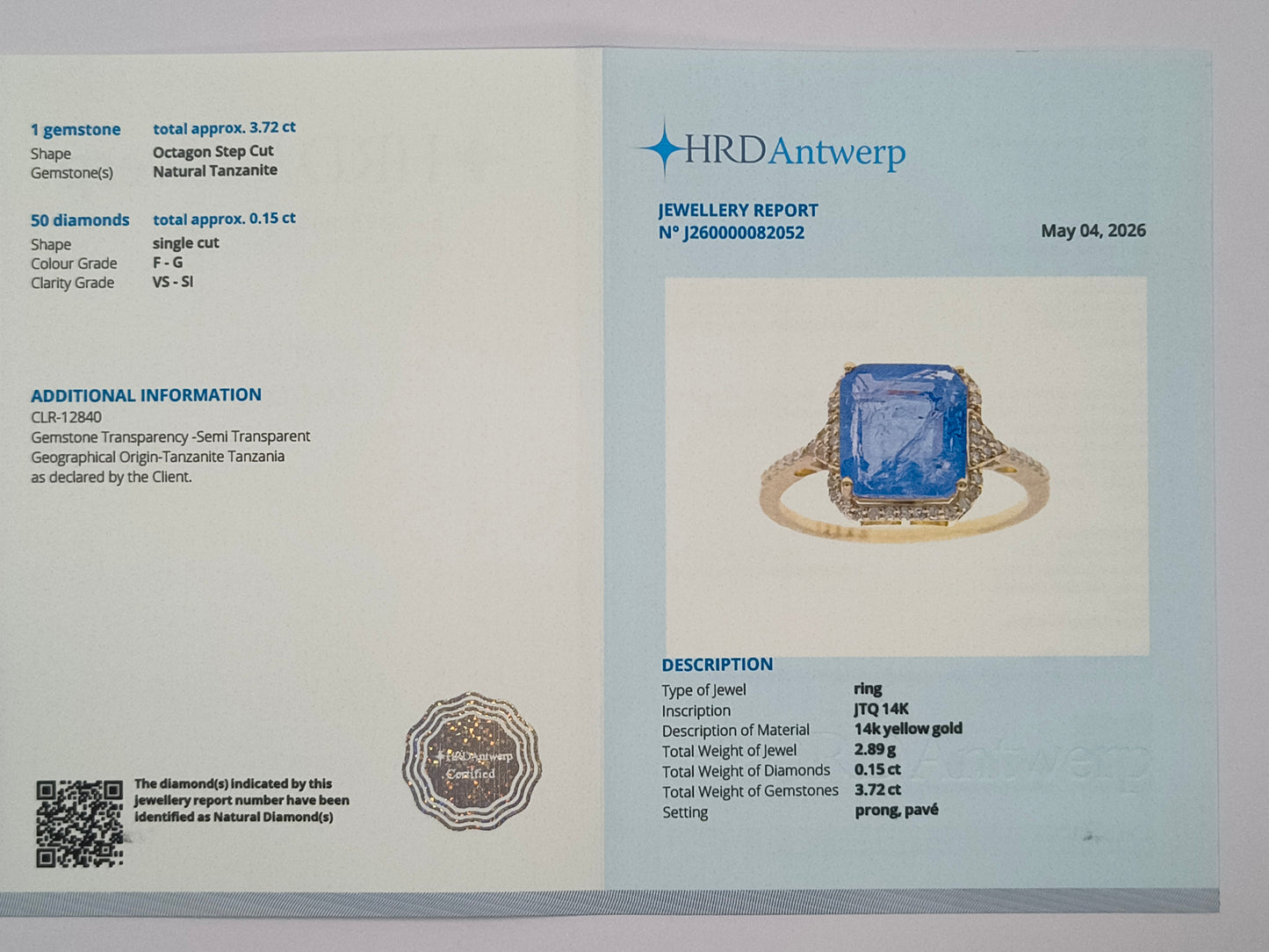 3.87 Ct Octagon Step Cut Natural Tanzanite 14K Gold Ring