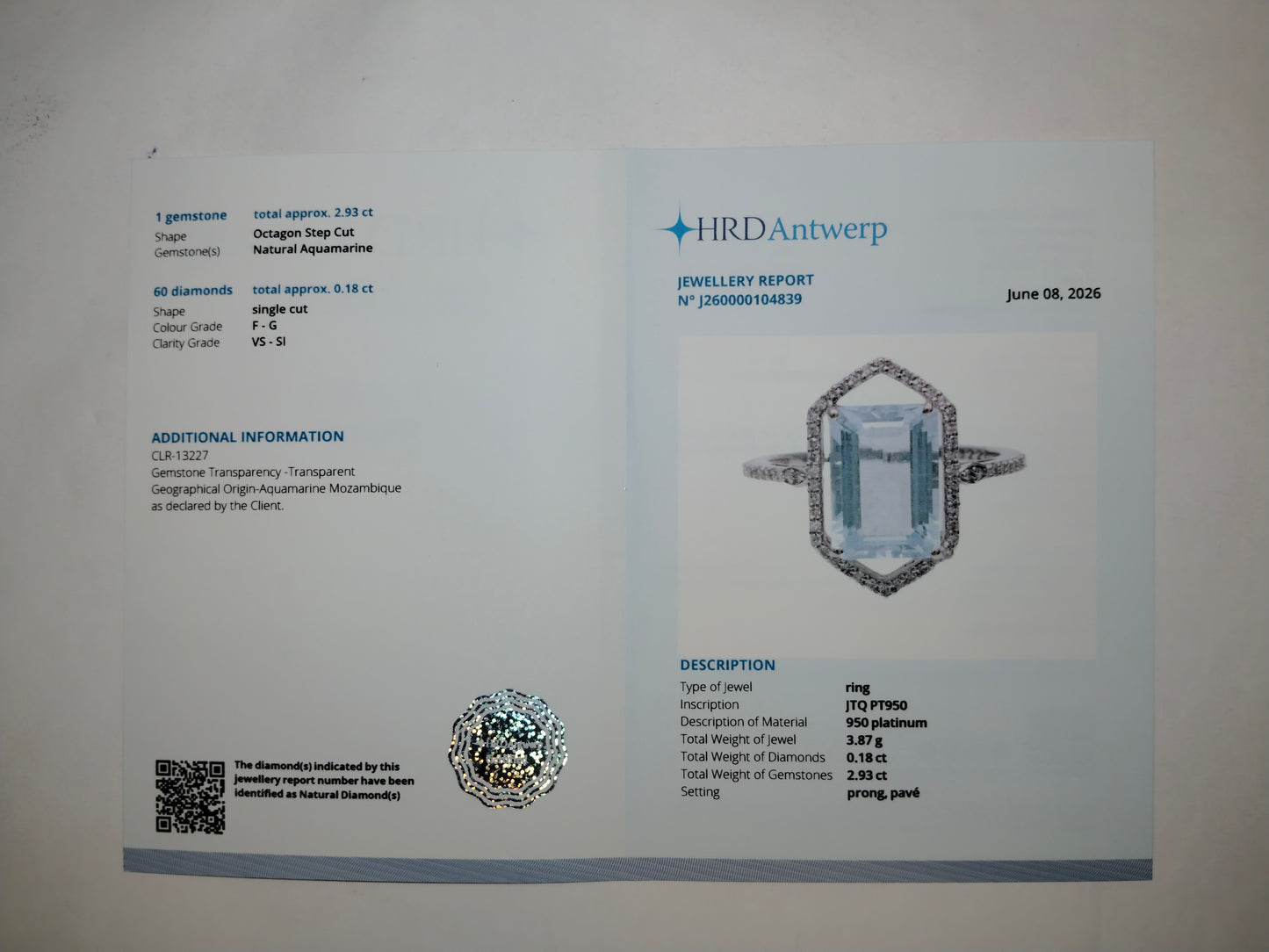 3.11 Ct Octagon Step Cut Natural Aquamarine 950 Platinum Ring