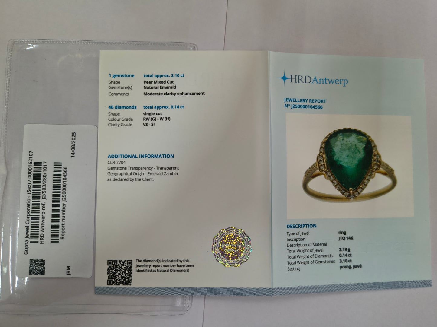 3.24 Ct Pear Mixed Cut Natural Emerald 14K Gold Ring