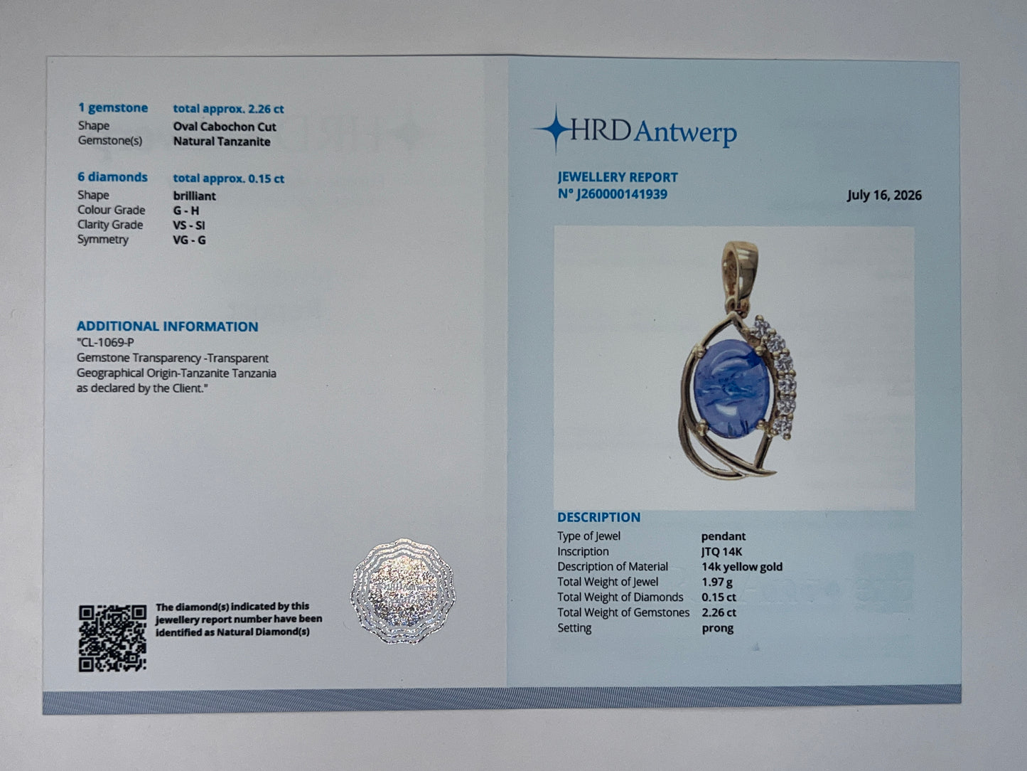 2.41 Ct Oval Cabochon Cut Natural Tanzanite 14K Gold Pendant