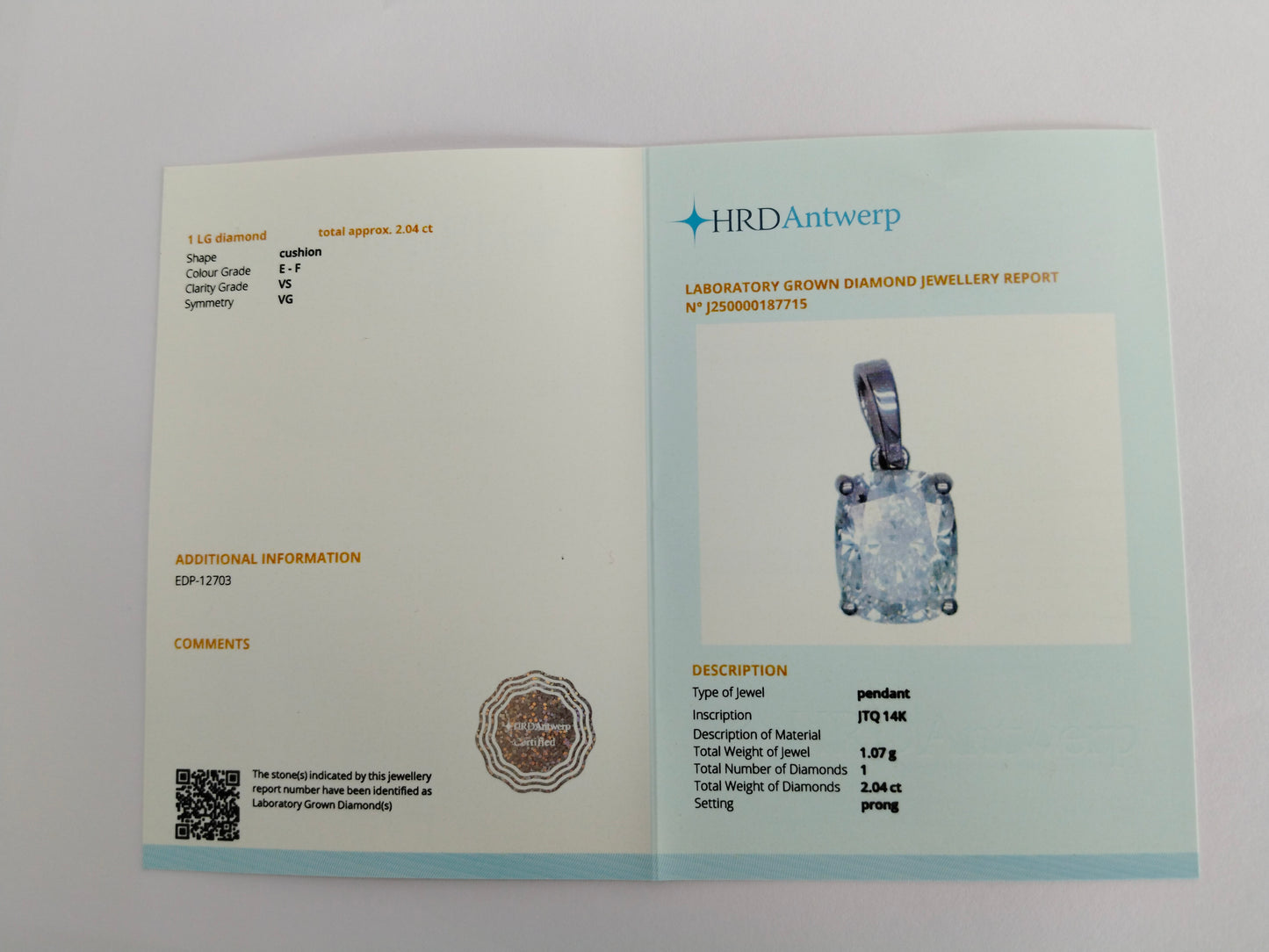 2.04 Carats Lab Grown Diamond 14K Gold Pendant