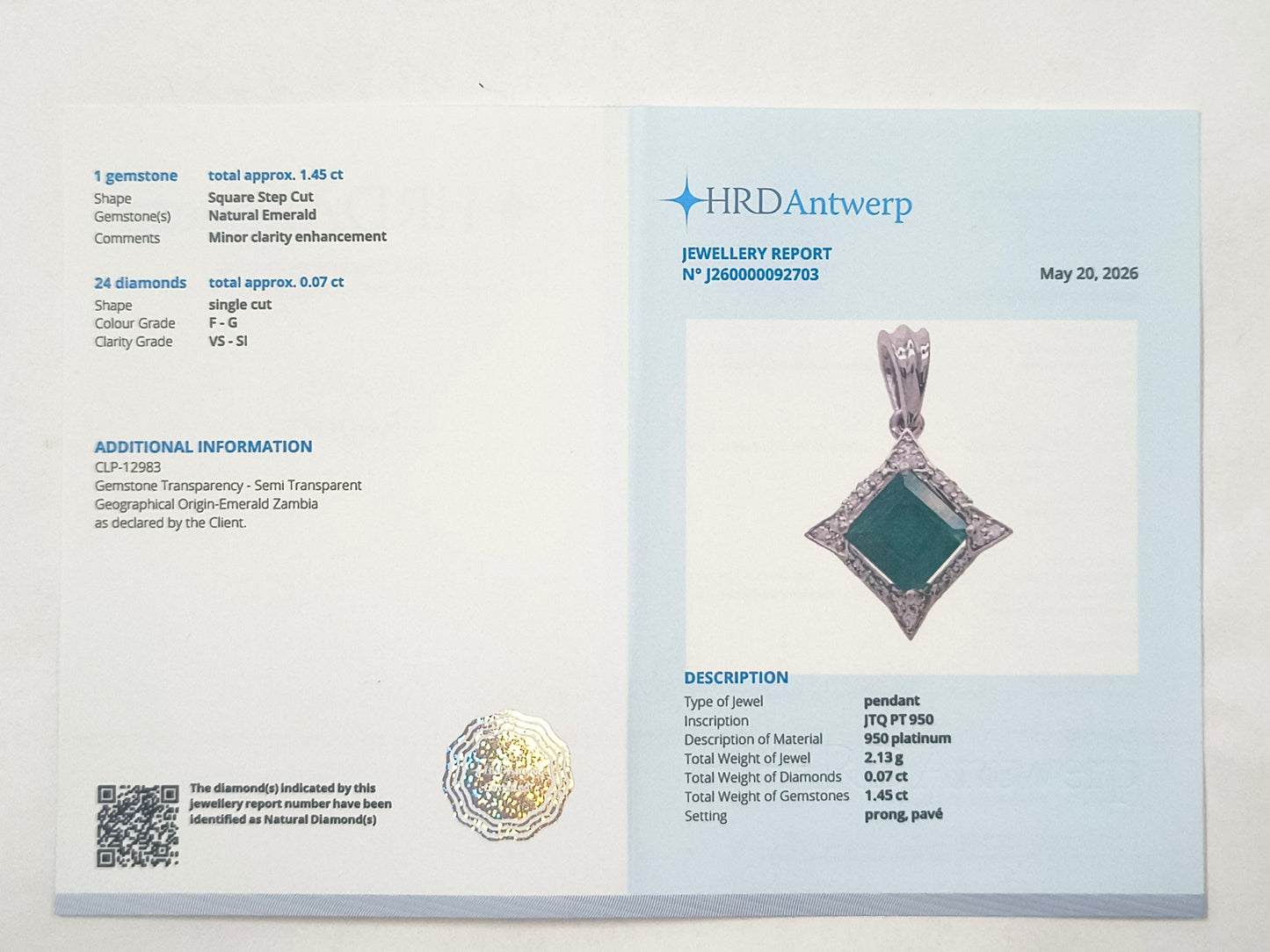 1.52 Ct Square Emerald 950 Platinum Pendant