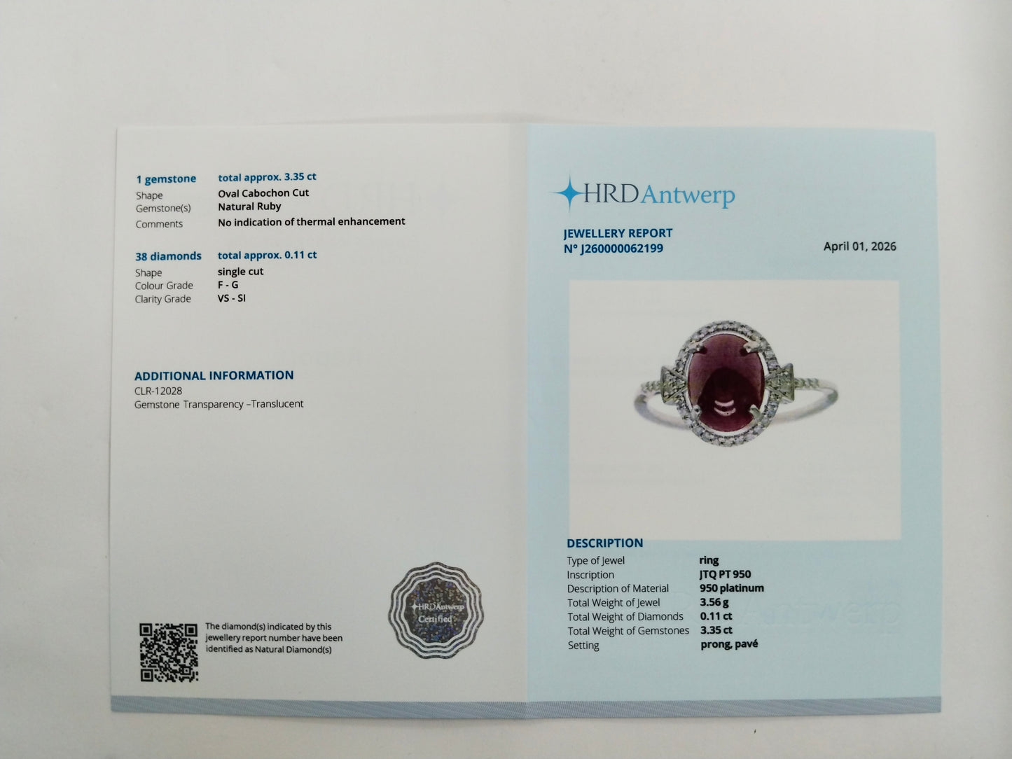 3.46 Ct Oval Cabochon Cut Natural Ruby 950 Platinum Ring