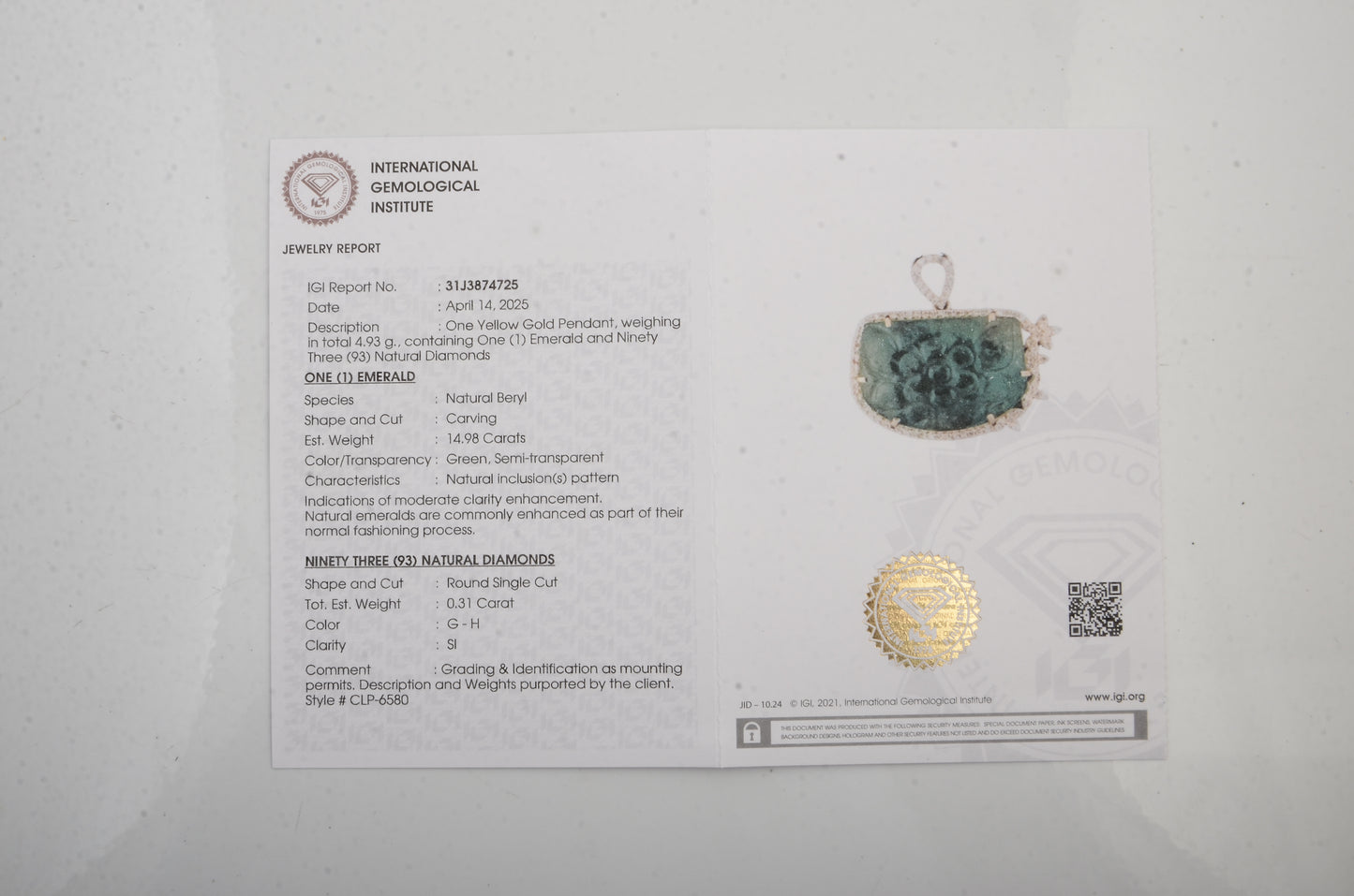 15.29 Ct Fancy Carving Emerald 14K Gold Pendant