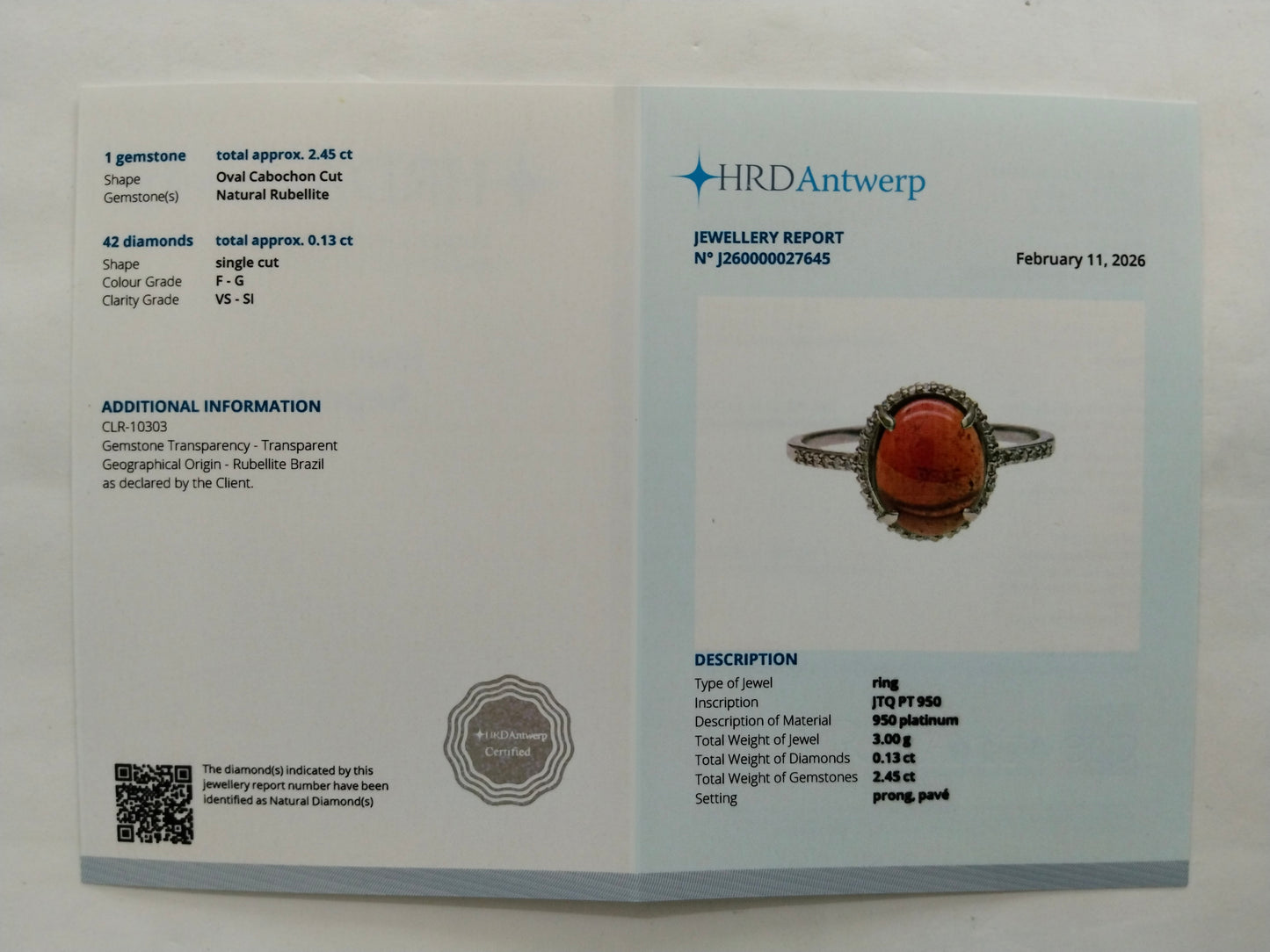 2.58 Ct Oval Cabochon Cut Natural Rubellite 950 Platinum Ring