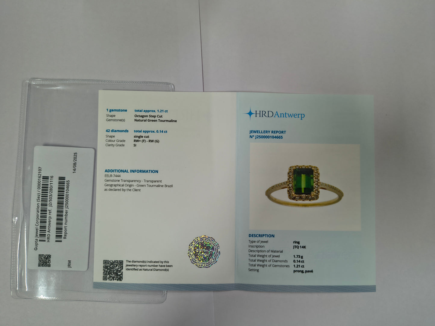 1.35 Ct Octagon Step Cut Natural Tourmaline 14K Gold Ring
