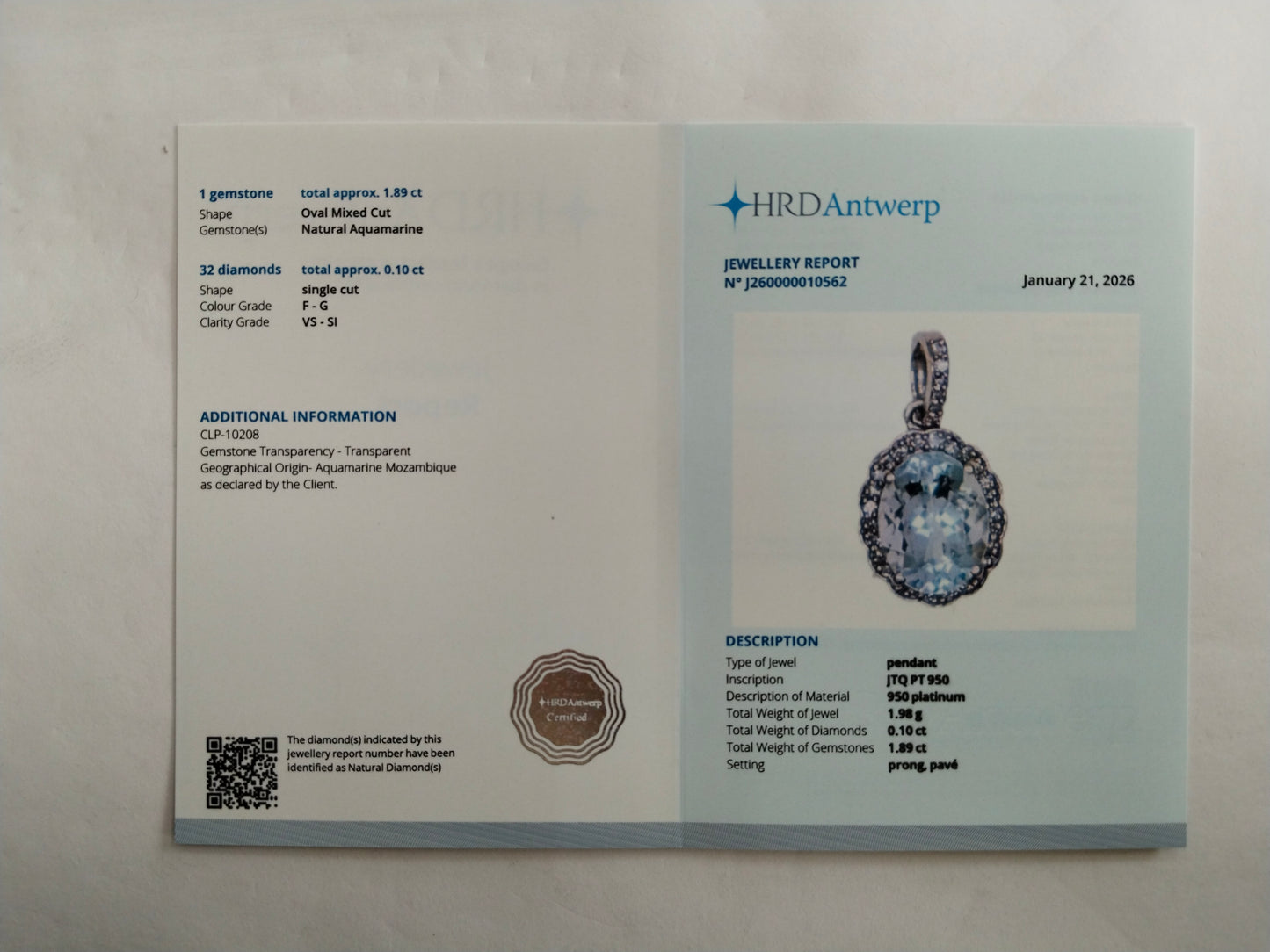 1.99 Ct Oval Mixed Cut Natural Aquamarine 950 Platinum Pendant