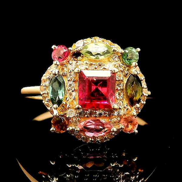 1.02 Ct Square Multi Tourmaline 14K Gold Ring