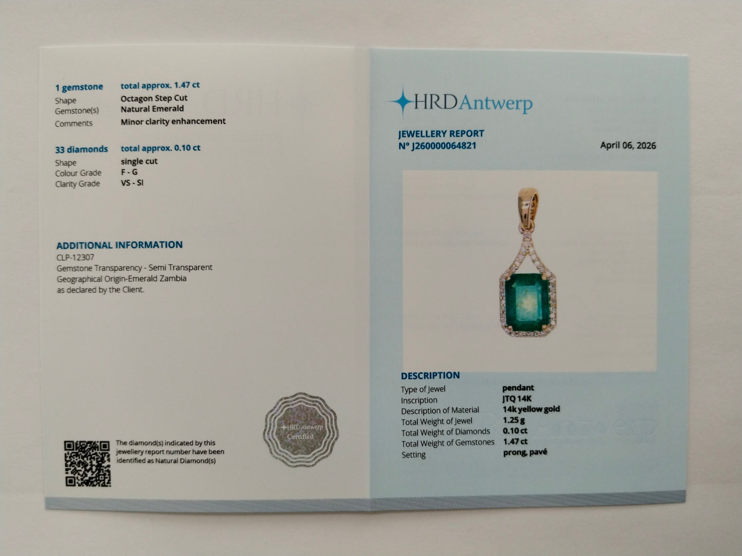 1.57 Ct Octagon Step Cut Natural Emerald 14K Gold Pendant