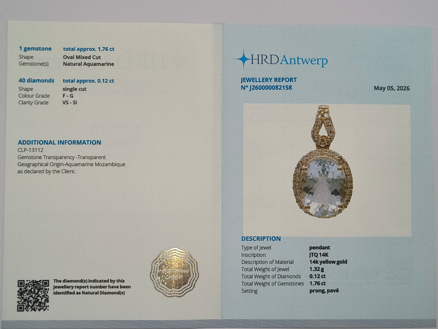 1.88 Ct Oval Mixed Cut Natural Aquamarine 14K Gold Pendant