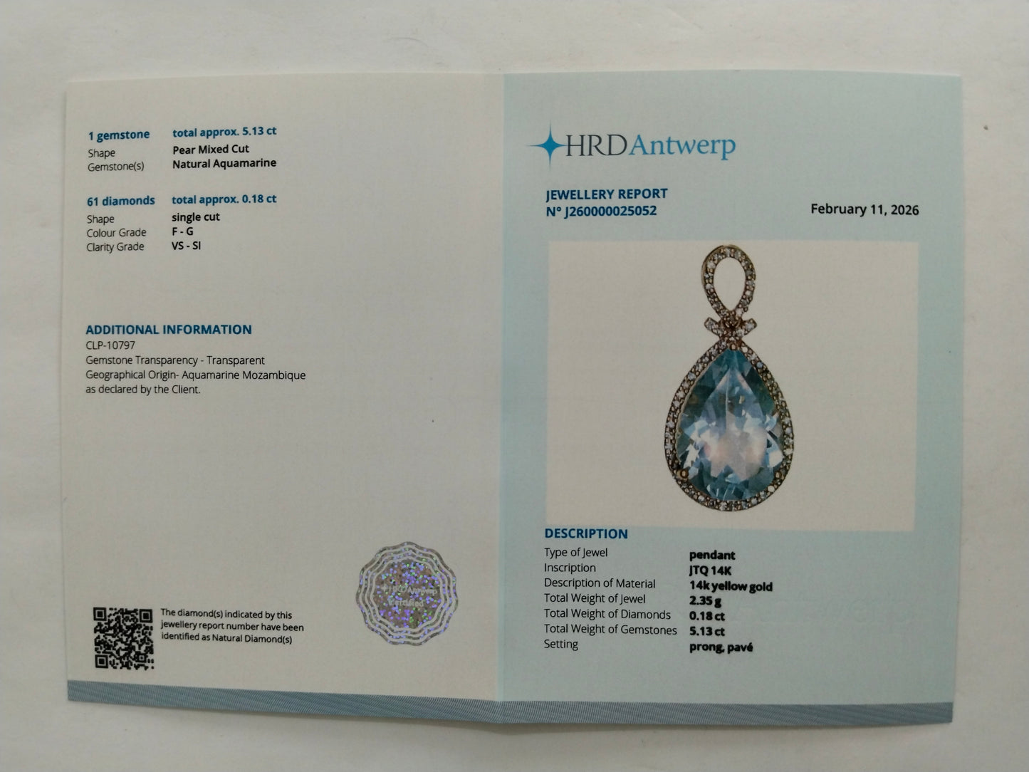 5.31 Ct Pear Mixed Cut Natural Aquamarine 14K Gold Pendant