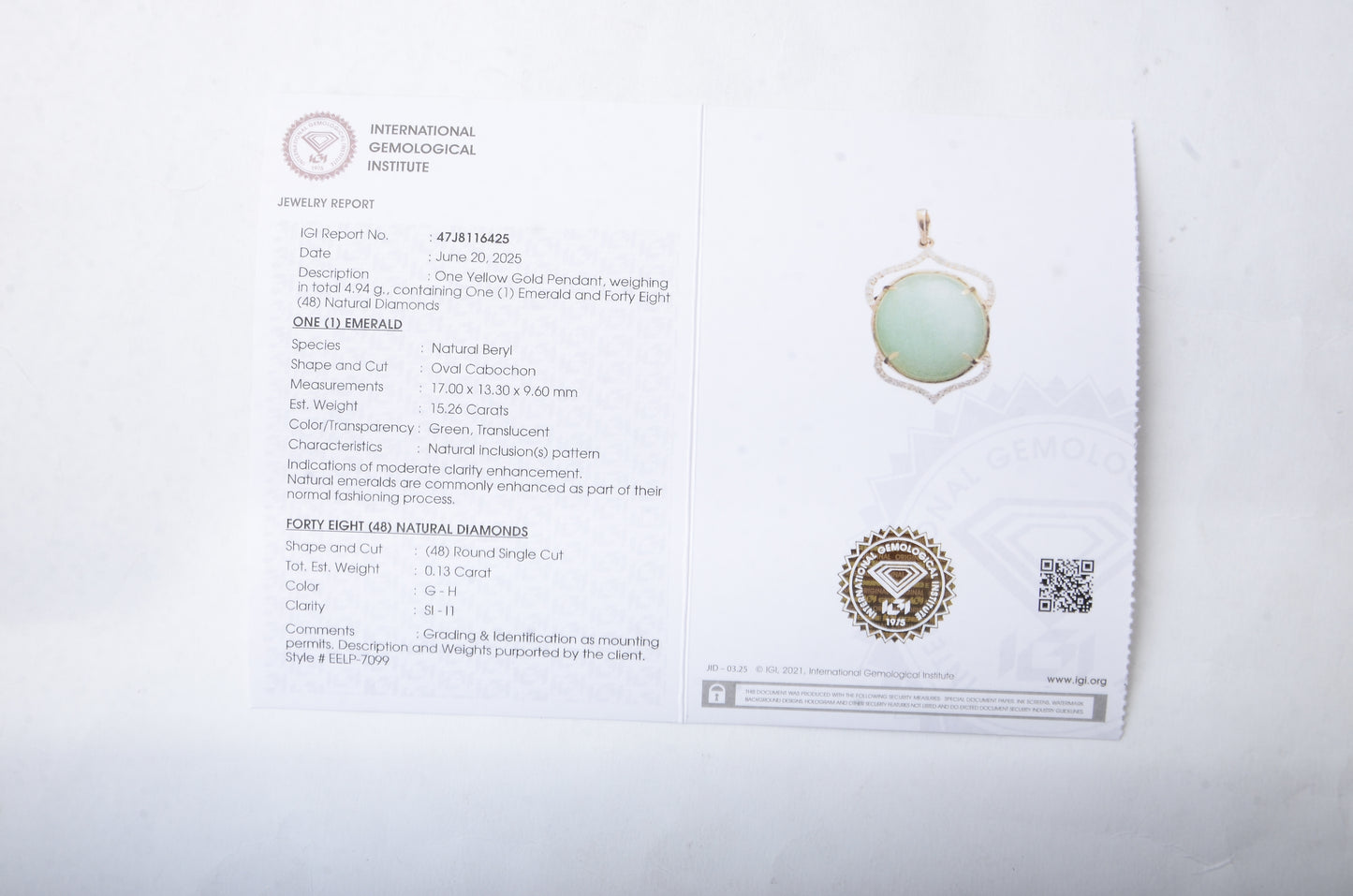 15.39 Ct Oval Cabochon Natural Beryl Emerald 14K Gold Pendant