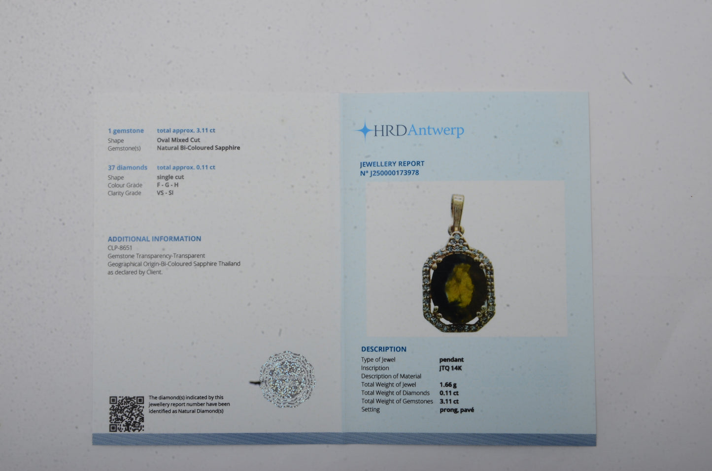 3.22 Ct Oval Mixed Cut Natural Bi Coloured Sapphire 14K Gold Pendant