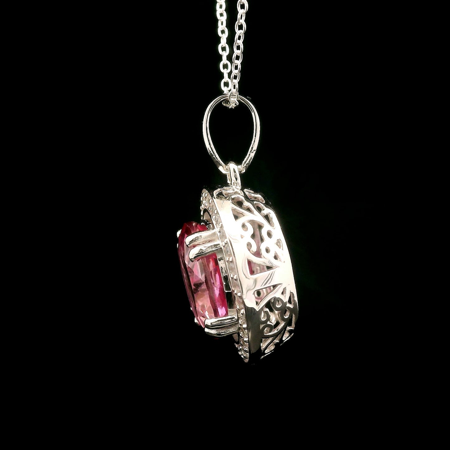 5.64 Ct Oval Pink Topaz, White Zircon 925 Sterling Silver Pendant