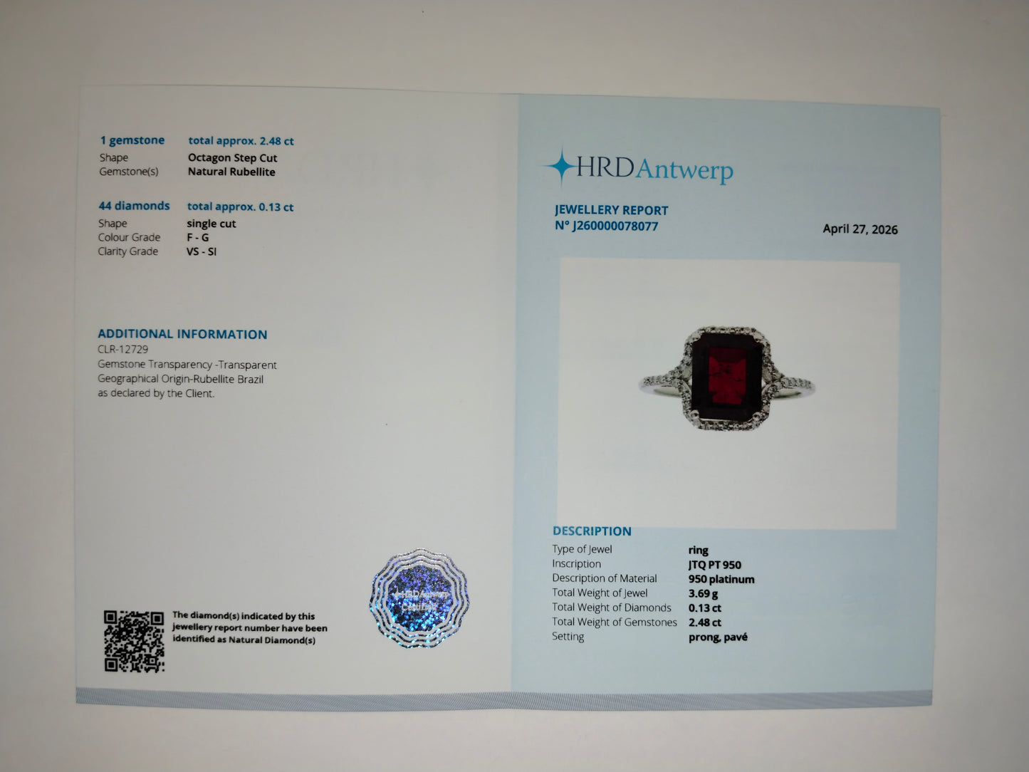 2.61 Ct Octagon Step Cut Natural Rubellite 950 Platinum Ring