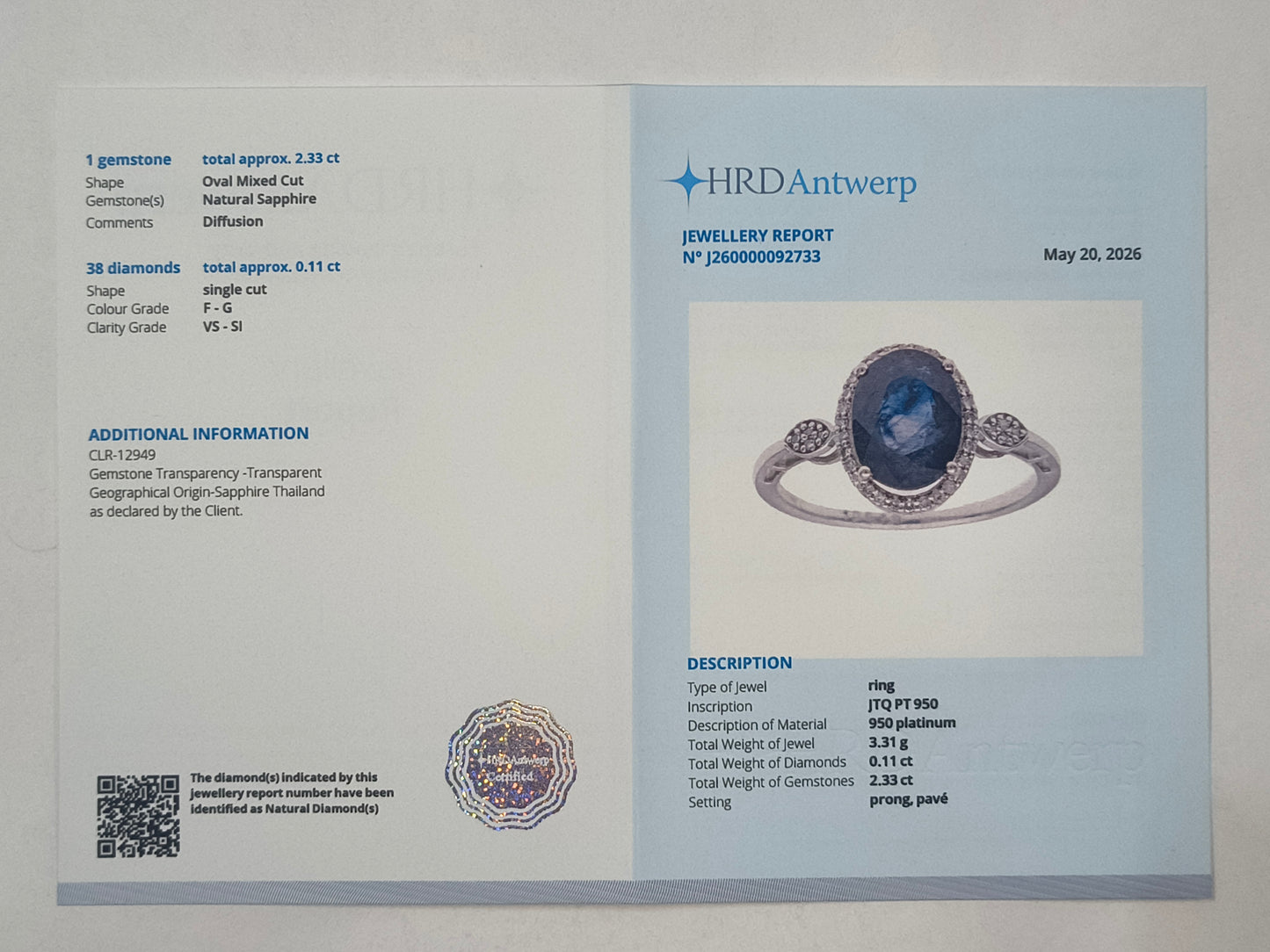 2.44 Ct Oval Sapphire 950 Platinum Ring