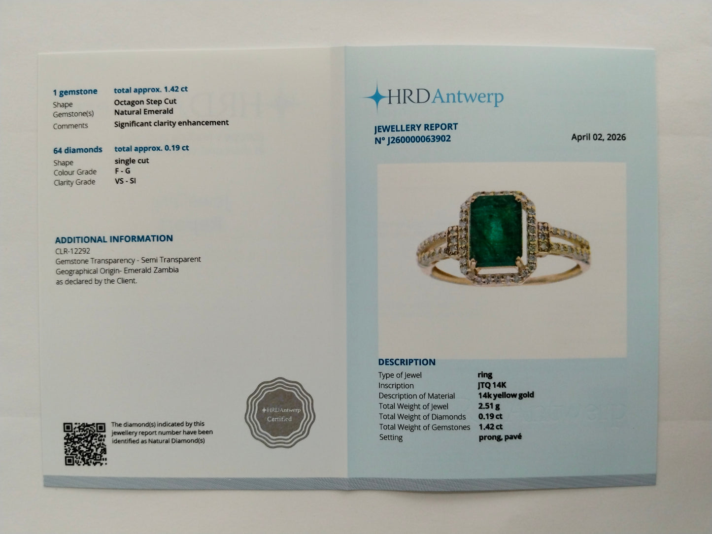 1.61 Ct Octagon Step Cut Natural Emerald 14K Gold Ring