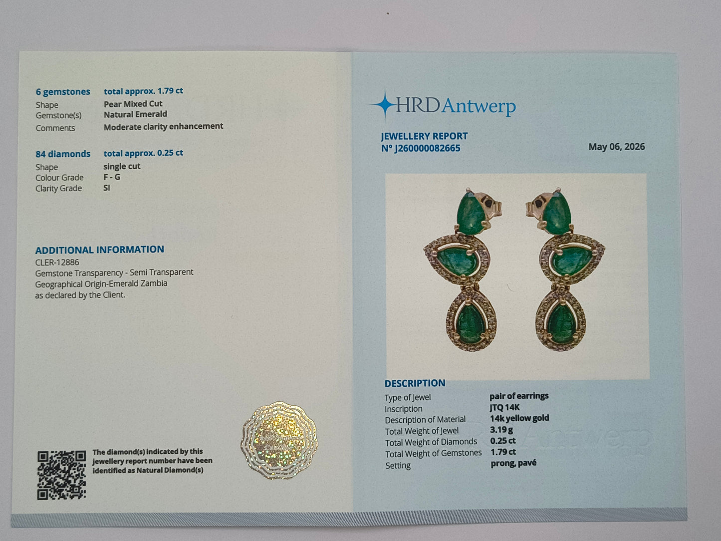 2.04 Ct Pear Mixed Cut Natural Emerald 14K Gold Earrings