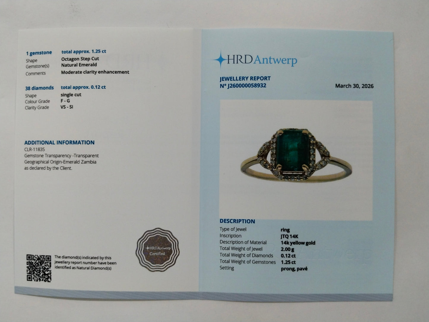 1.37 Ct Octagon Step Cut Natural Emerald 14K Gold Ring