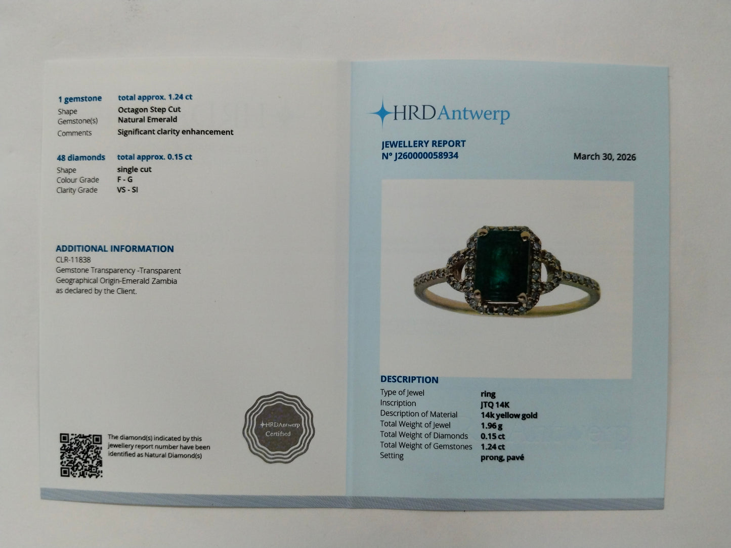 1.39 Ct Octagon Step Cut Natural Emerald 14K Gold Ring