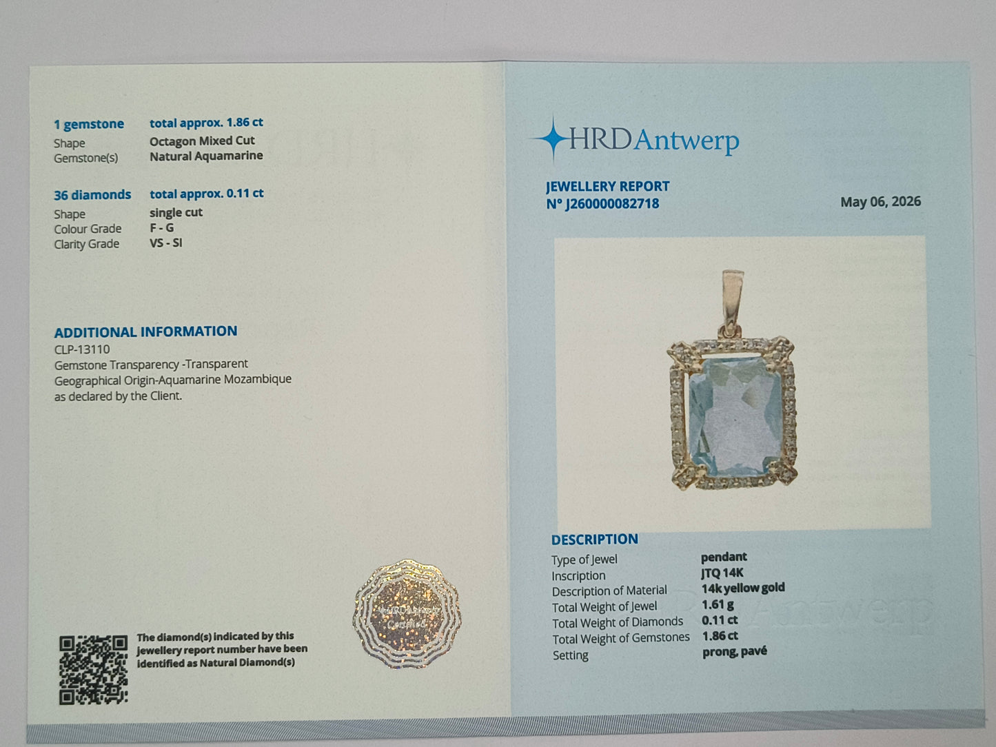 1.97 Ct Octagon Mixed Cut Natural Aquamarine 14K Gold Pendant