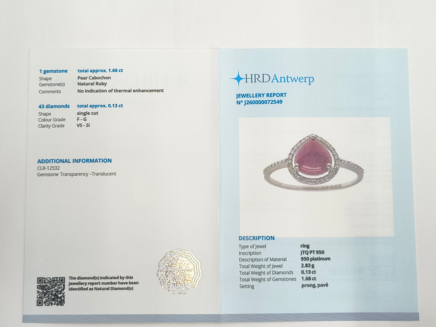 1.81 Ct Pear Cabochon Cut Natural Ruby 950 Platinum Ring