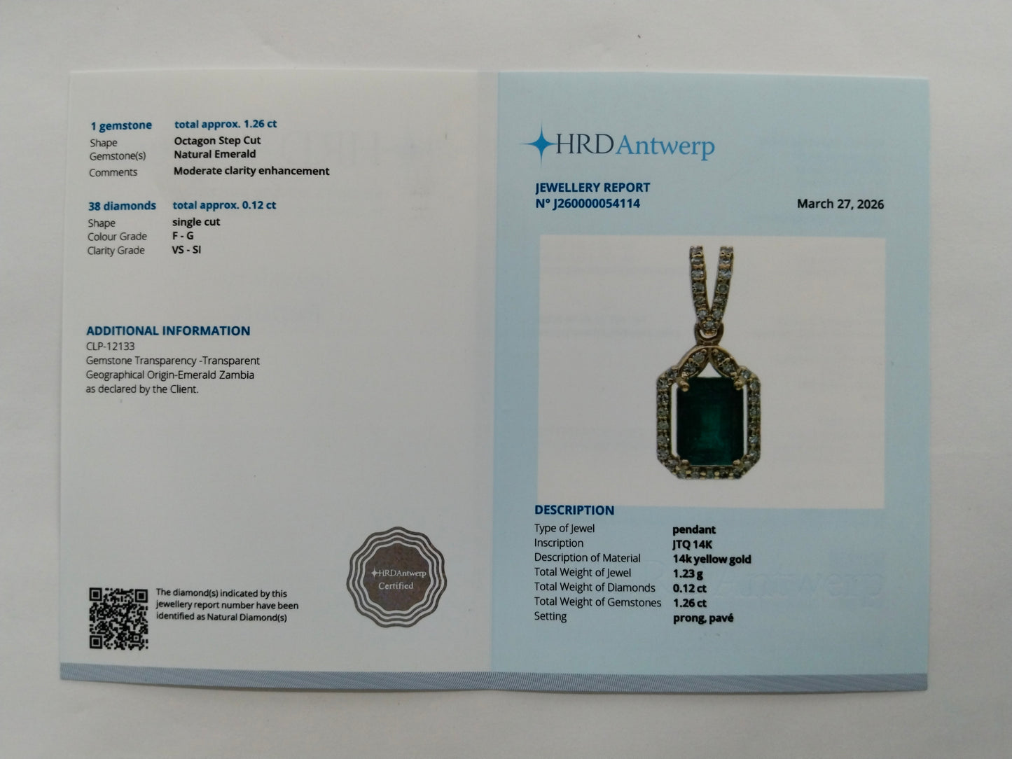 1.38 Ct Octagon Step Cut Natural Emerald 14K Gold Pendant