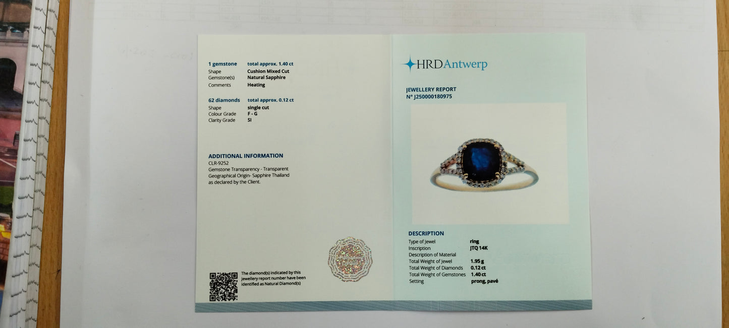 1.52 Ct Cushion Mixed Cut Natural Sapphire 14K Gold Ring