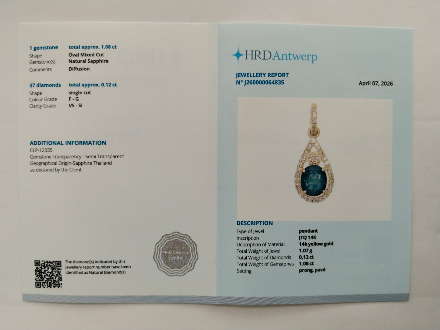 1.20 Ct Oval Mixed Cut Natural Sapphire 14K Gold Pendant