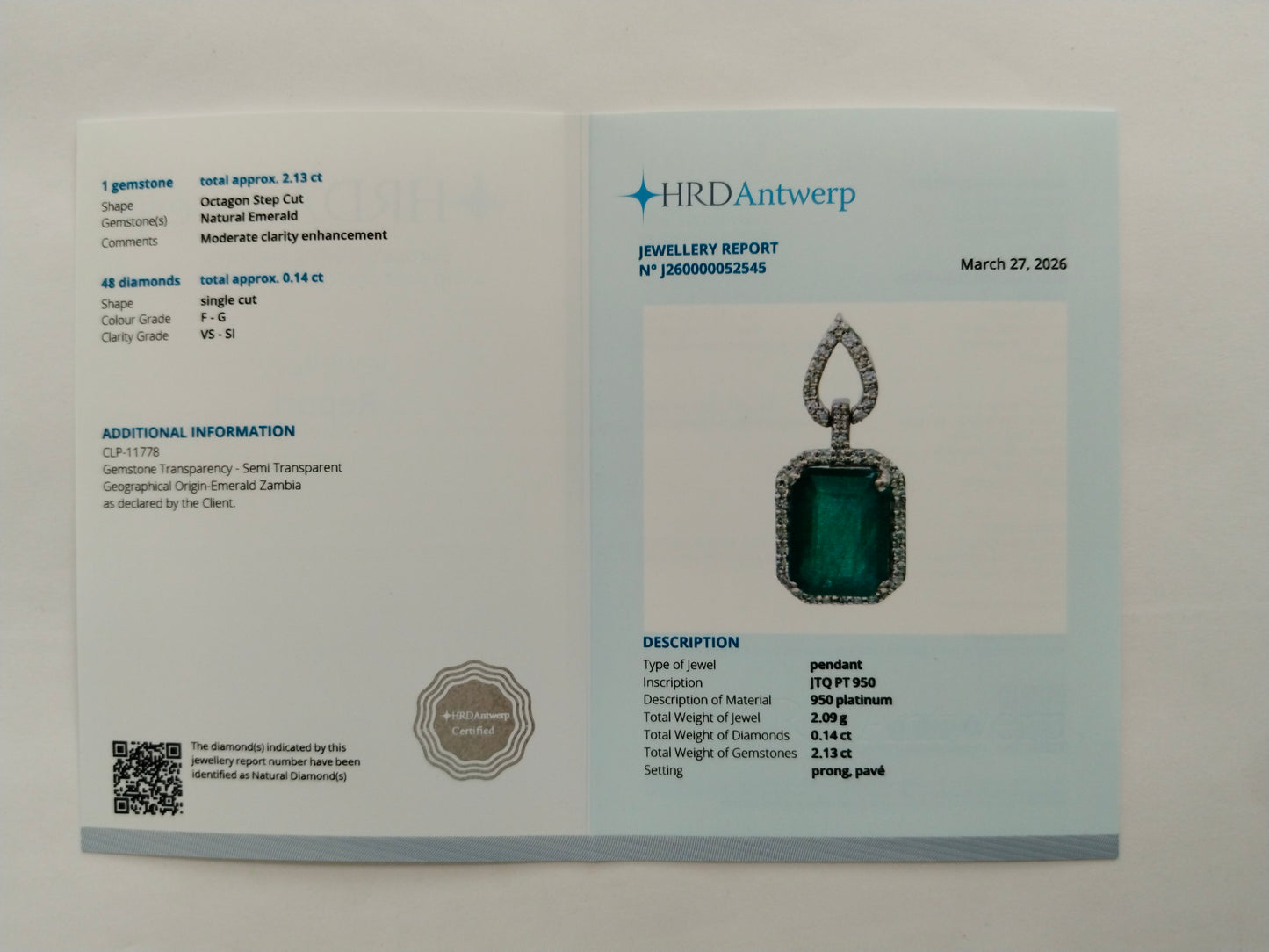 2.27 Ct Octagon Step Cut Natural Emerald 950 Platinum Pendant