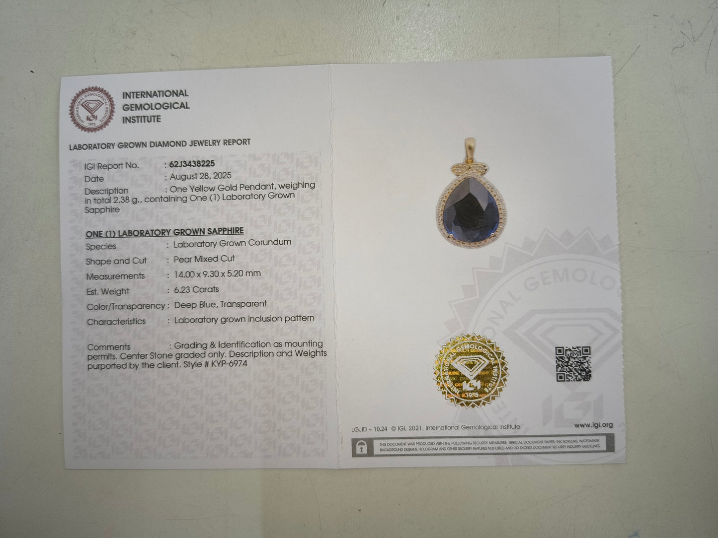 6.37 Ct Pear Mixed Cut Lab Grown Sapphire 14K Gold Pendant