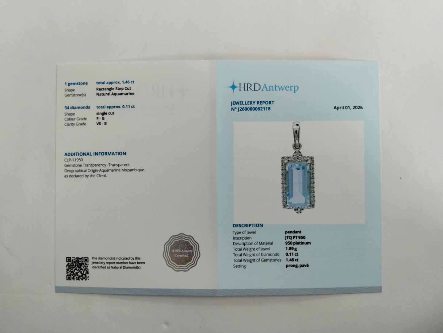 1.57 Ct Rectangle Step Cut Natural Aquamarine 950 Platinum Pendant