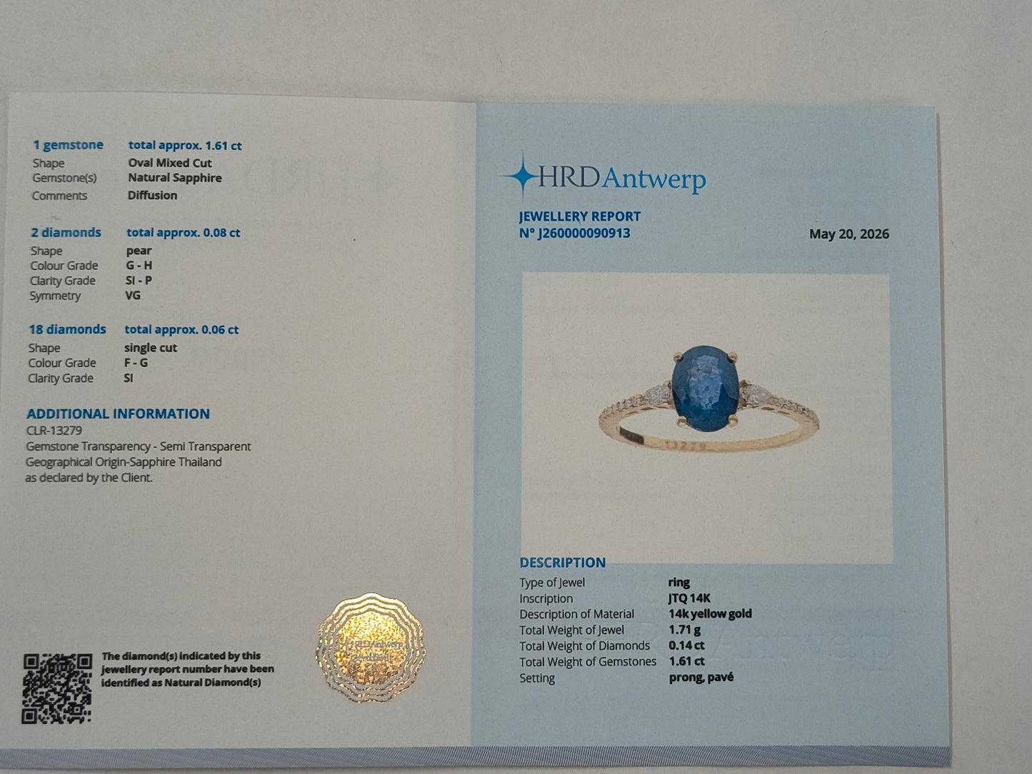 1.75 Ct Oval Sapphire 14K Gold Ring