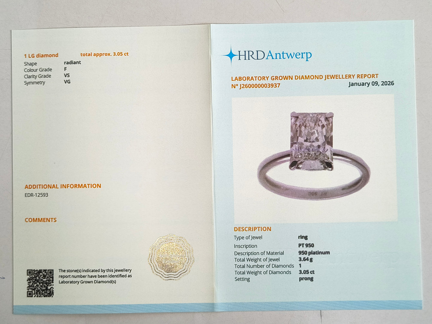 3.05 Carats Lab Grown Diamond 950 Platinum Ring