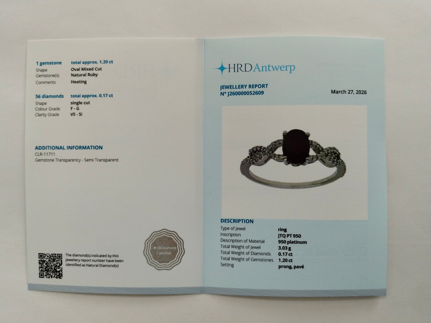 1.37 Ct Oval Mixed Cut Natural Ruby 950 Platinum Ring