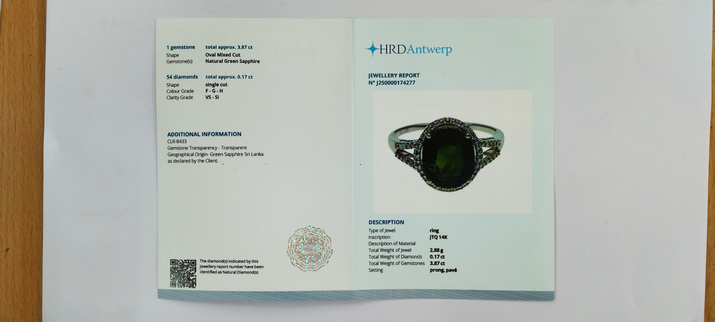 4.04 Ct Oval Mixed Cut Natural Green Sapphire 14K Gold Ring