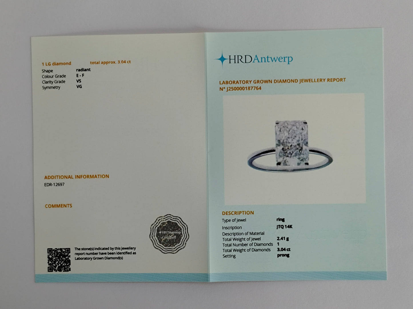 3.04 Carats Lab Grown Diamond 14K Gold Ring